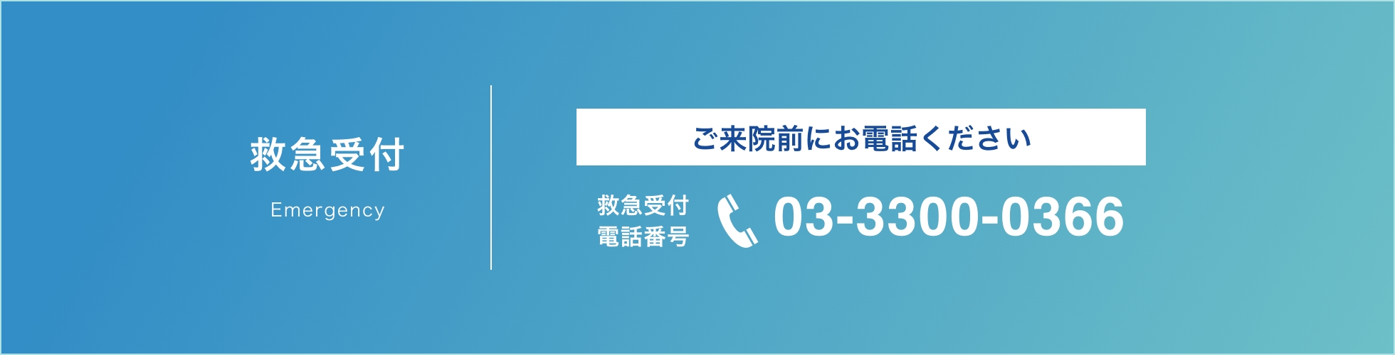 救急受付Emergency ご来院前にお電話ください 救急受付電話番号：03-3300-0366